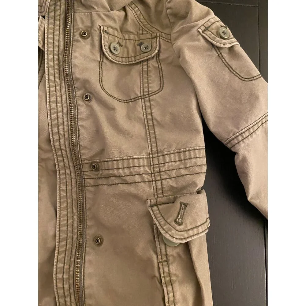 GAP Kids Hooded Military Utility Jacket Small (6-7) Olive Full Zip 100% Cotton‎